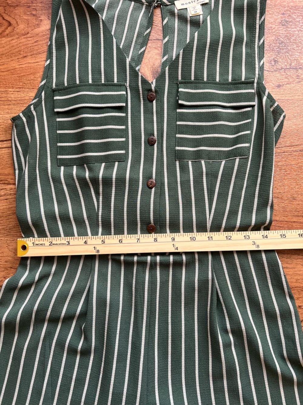 Monteau Green Striped Jumpsuit Medium Sleeveless Wide Leg Button Front Pockets - Picture 11 of 13